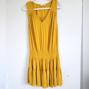 Ramy Brook Perry Dress Gold V Smocked Jacquard Embroidered Cotton Mini Dress